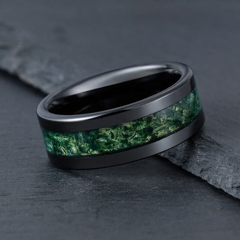 Men's 8mm Tungsten Beveled Edges Black Green Carbon Fiber Inlay Wedding Band